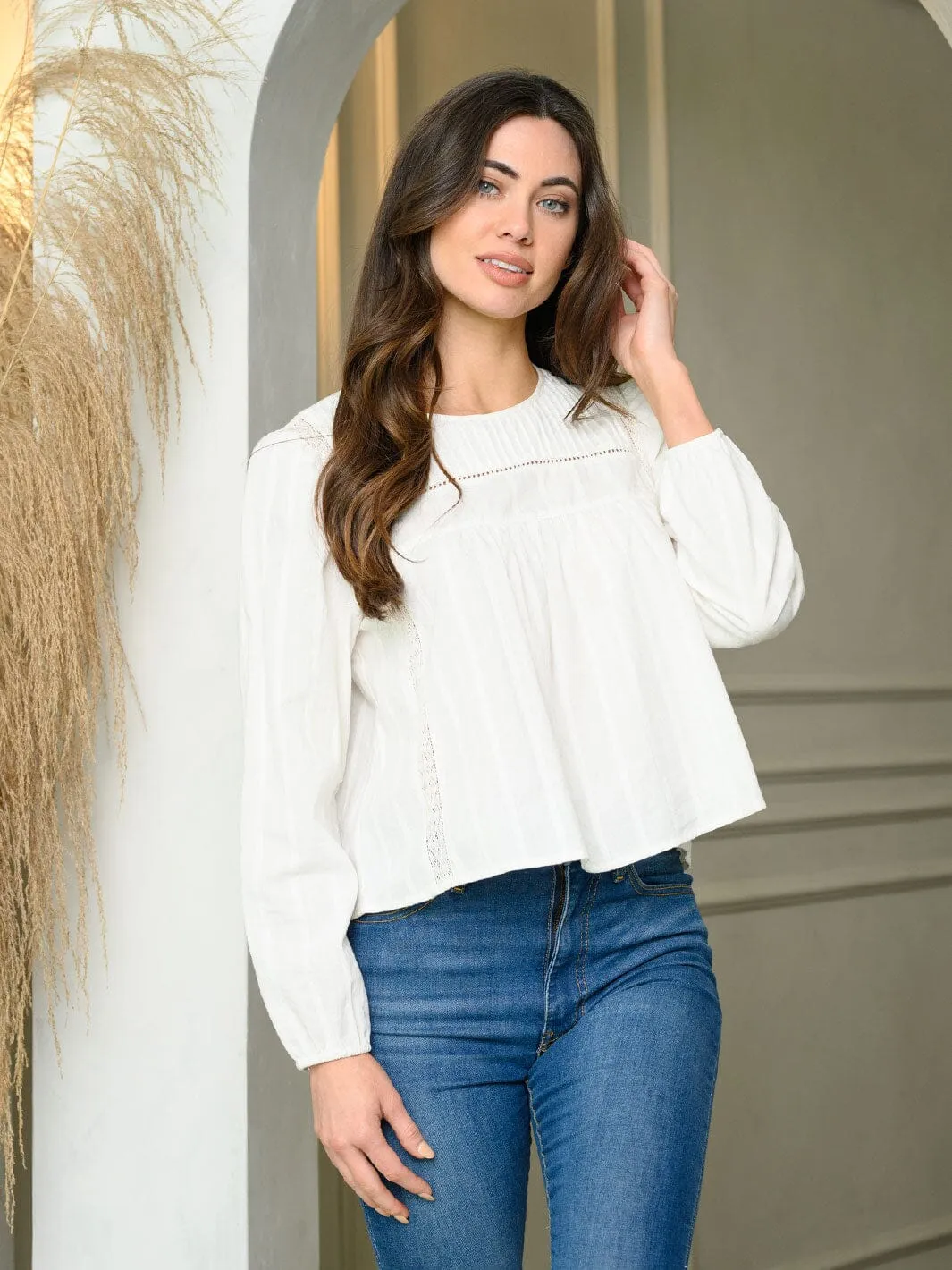 WOMEN'S LONG SLEEVE PINTUCK DETAILED TUNIC TOP