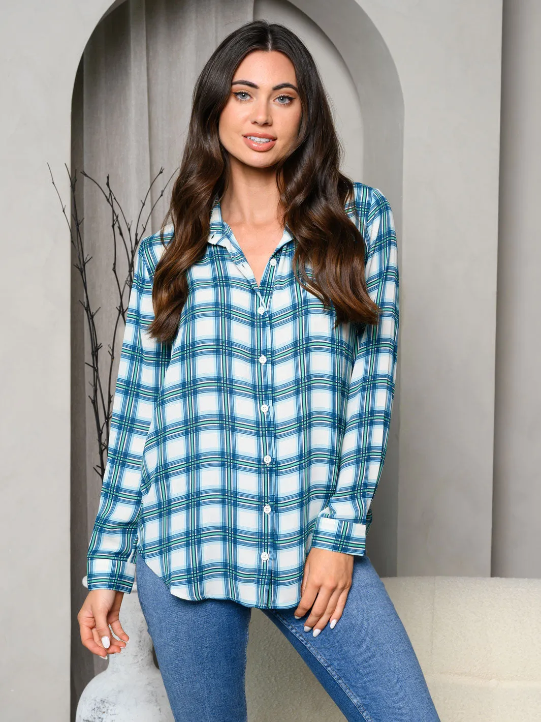 WOMEN'S LONG SLEEVE PLAID BUTTON UP COLLAR BLOUSE TOP