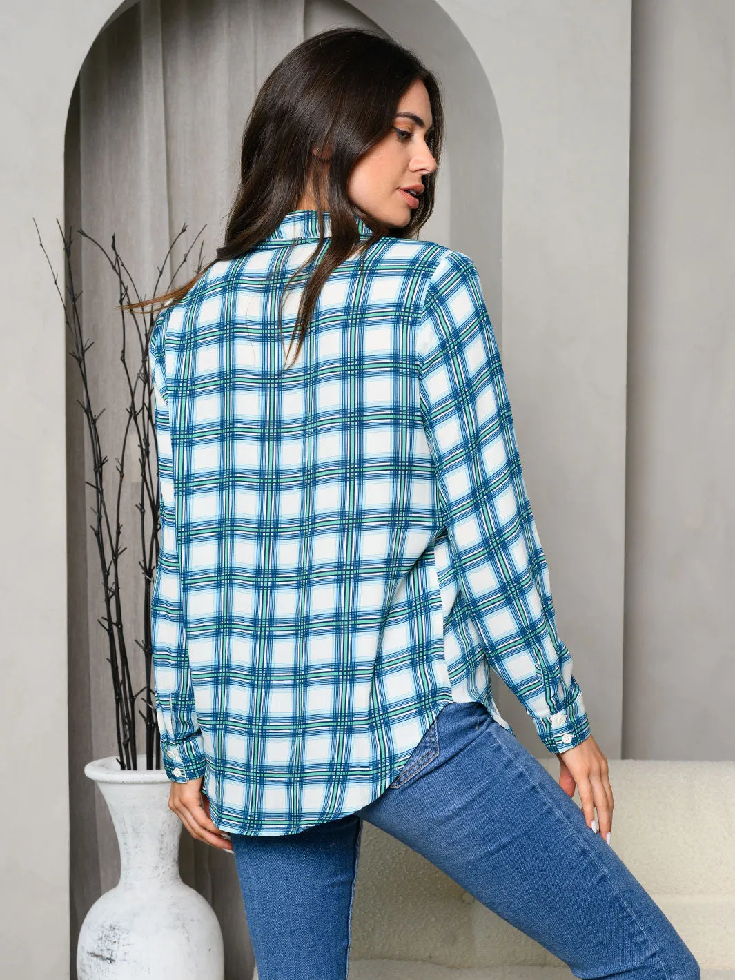 WOMEN'S LONG SLEEVE PLAID BUTTON UP COLLAR BLOUSE TOP