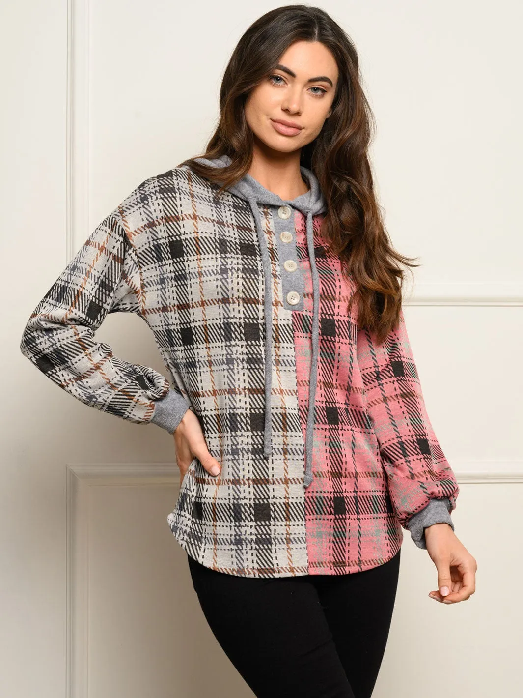 WOMEN'S LONG SLEEVE PLAID PRINT HOODIE TOP