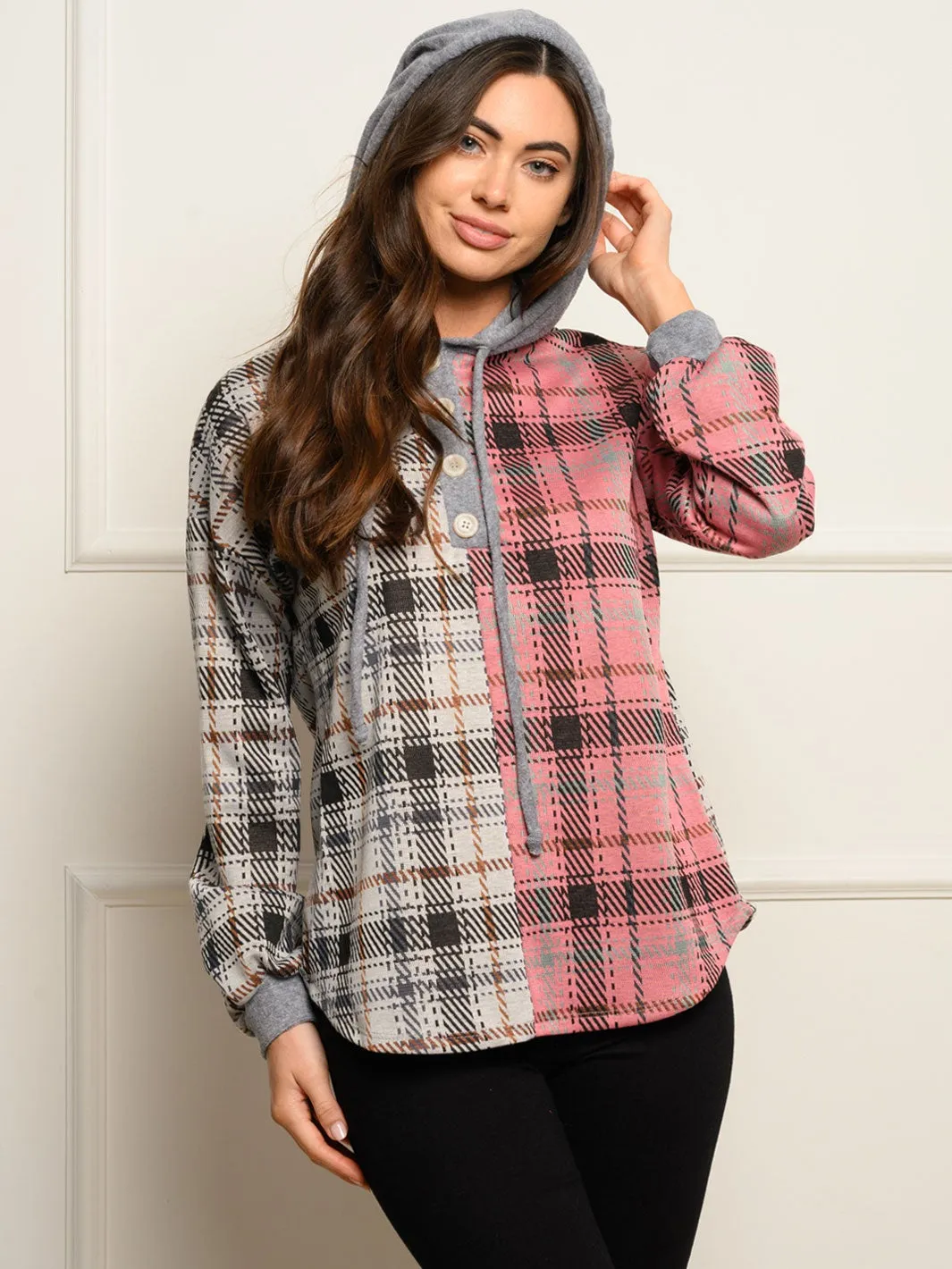 WOMEN'S LONG SLEEVE PLAID PRINT HOODIE TOP