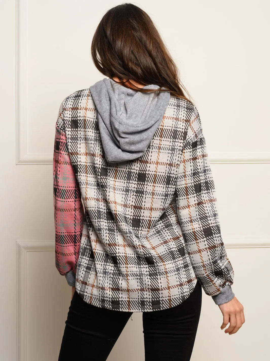 WOMEN'S LONG SLEEVE PLAID PRINT HOODIE TOP