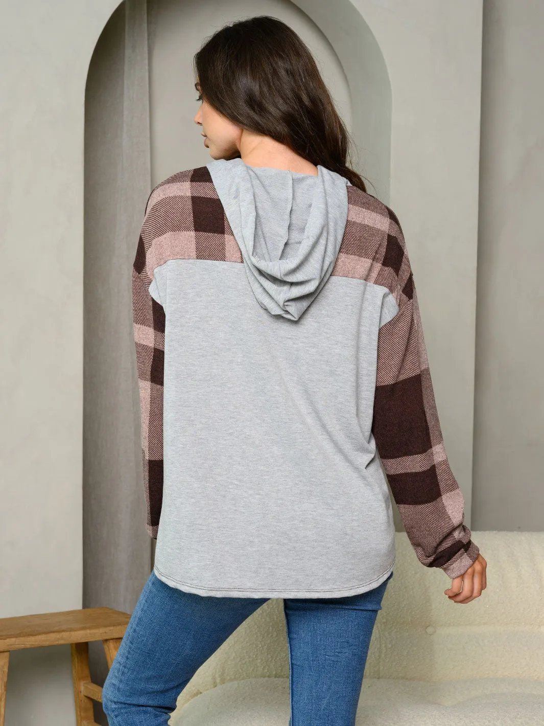 WOMEN'S LONG SLEEVE PULLOVER PLAID HOODIE TOP