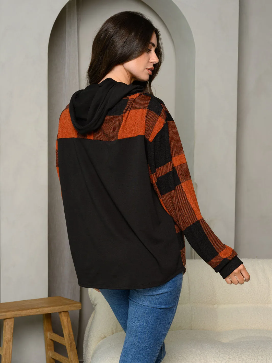 WOMEN'S LONG SLEEVE PULLOVER PLAID HOODIE TOP