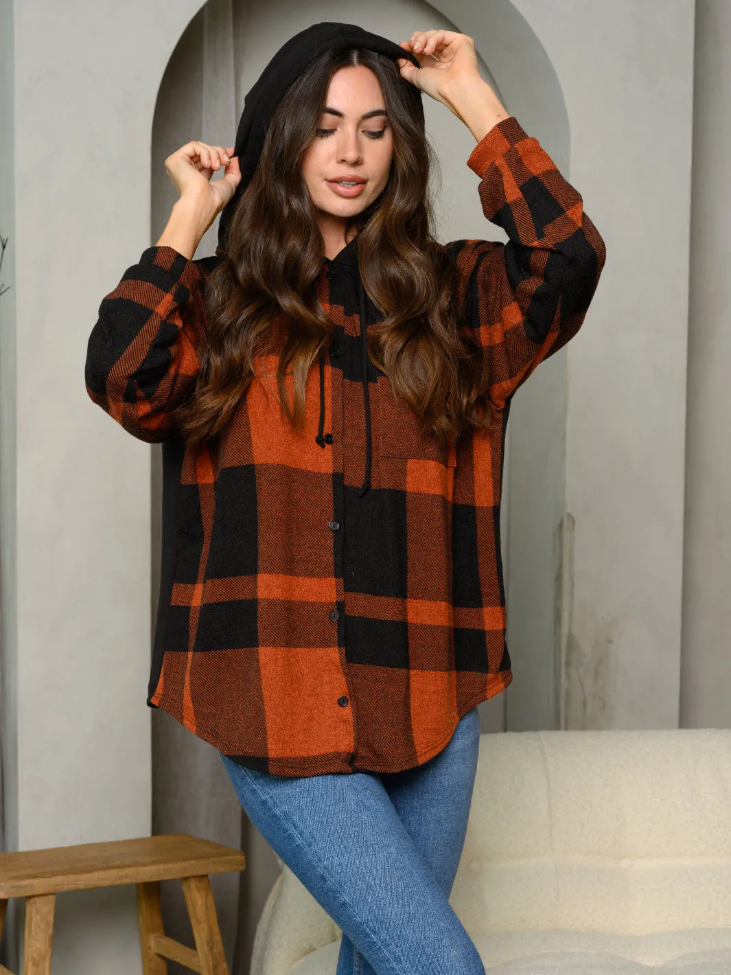 WOMEN'S LONG SLEEVE PULLOVER PLAID HOODIE TOP