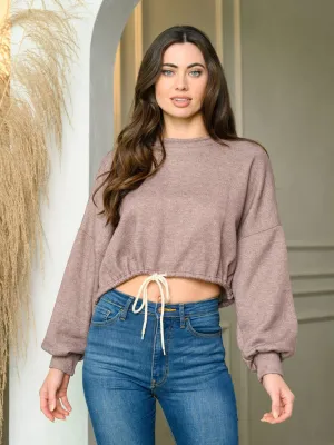 WOMEN'S LONG SLEEVE SELF TIE CROP TOP