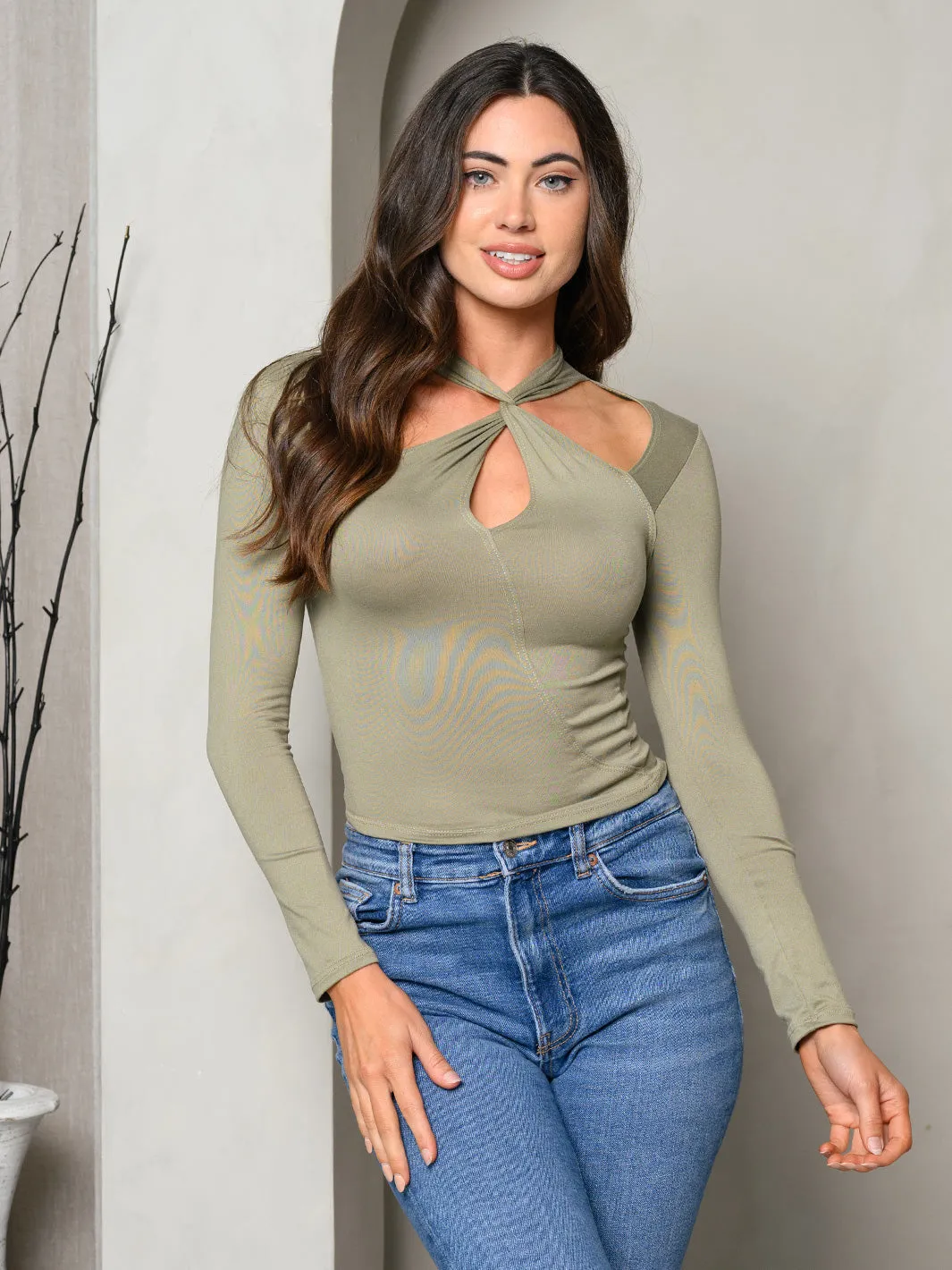 WOMEN'S LONG SLEEVE SIDE CUT OUT NECK TIE TOP