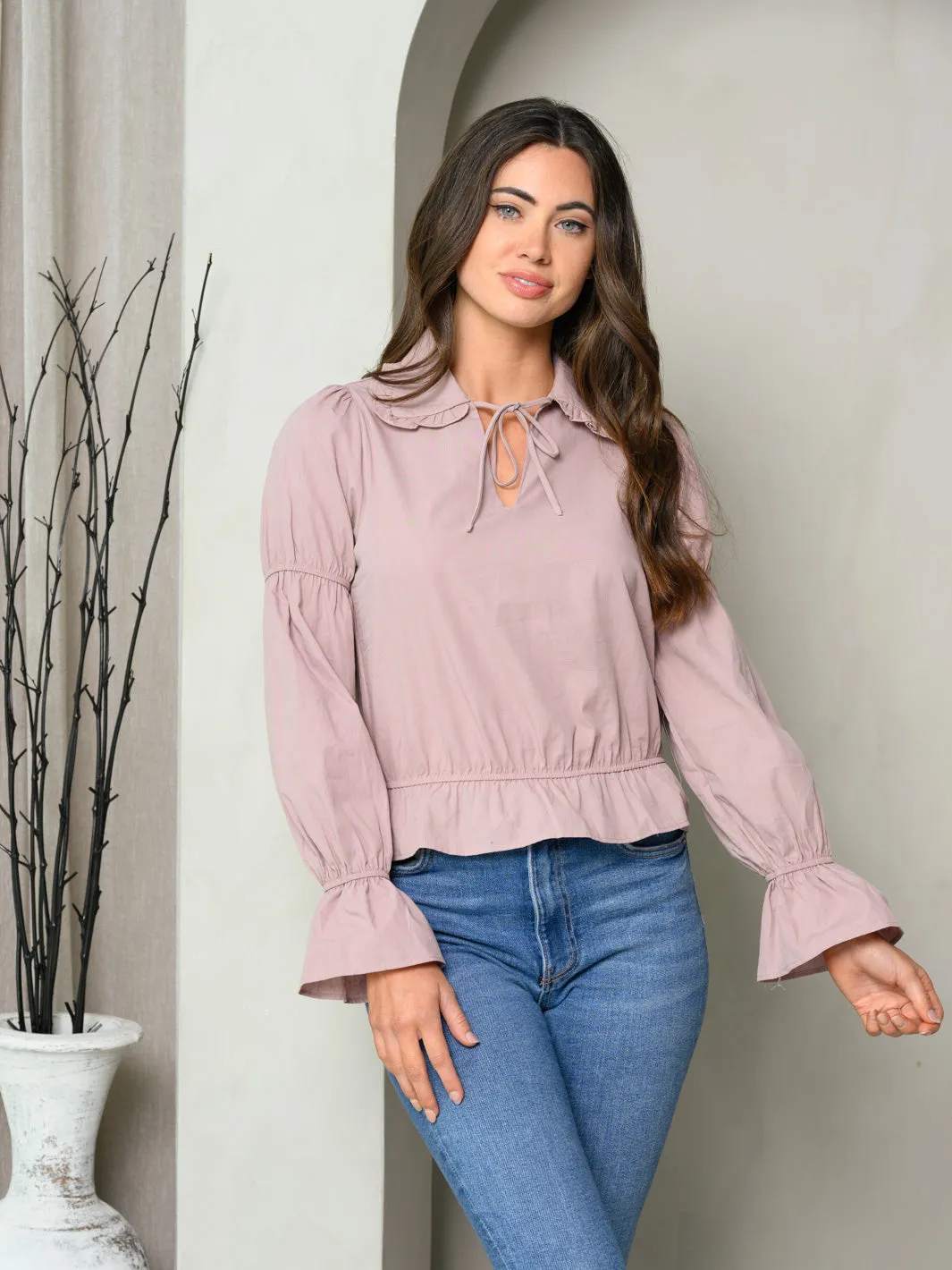 WOMEN'S LONG SLEEVE SMOCK FRONT TIE TOP