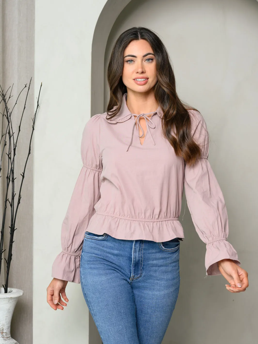 WOMEN'S LONG SLEEVE SMOCK FRONT TIE TOP