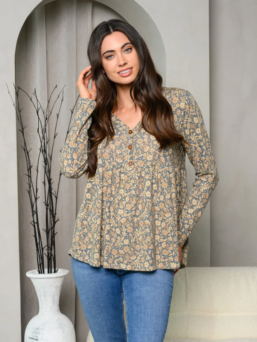 WOMEN'S LONG SLEEVE V-NECK FLORAL TUNIC TOP