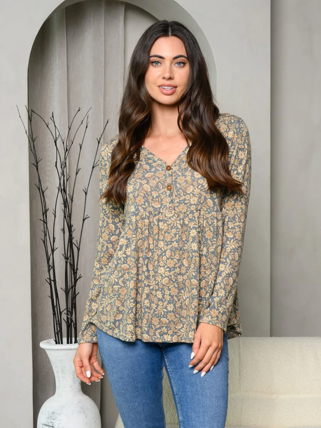 WOMEN'S LONG SLEEVE V-NECK FLORAL TUNIC TOP