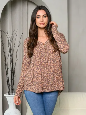 WOMEN'S LONG SLEEVE V-NECK FLORAL TUNIC TOP
