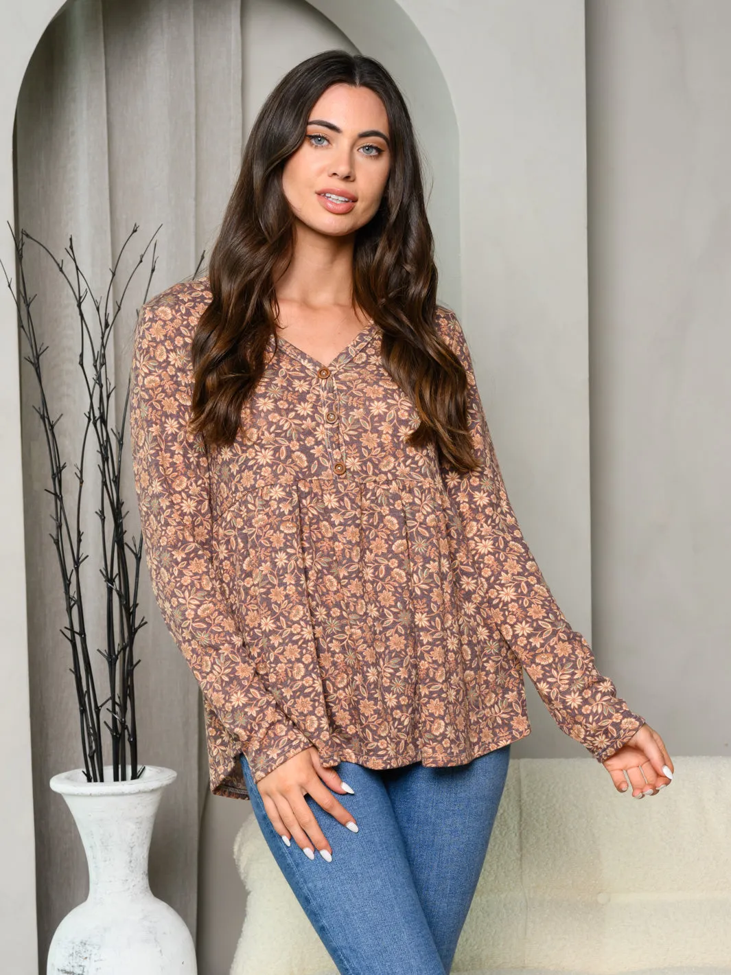 WOMEN'S LONG SLEEVE V-NECK FLORAL TUNIC TOP