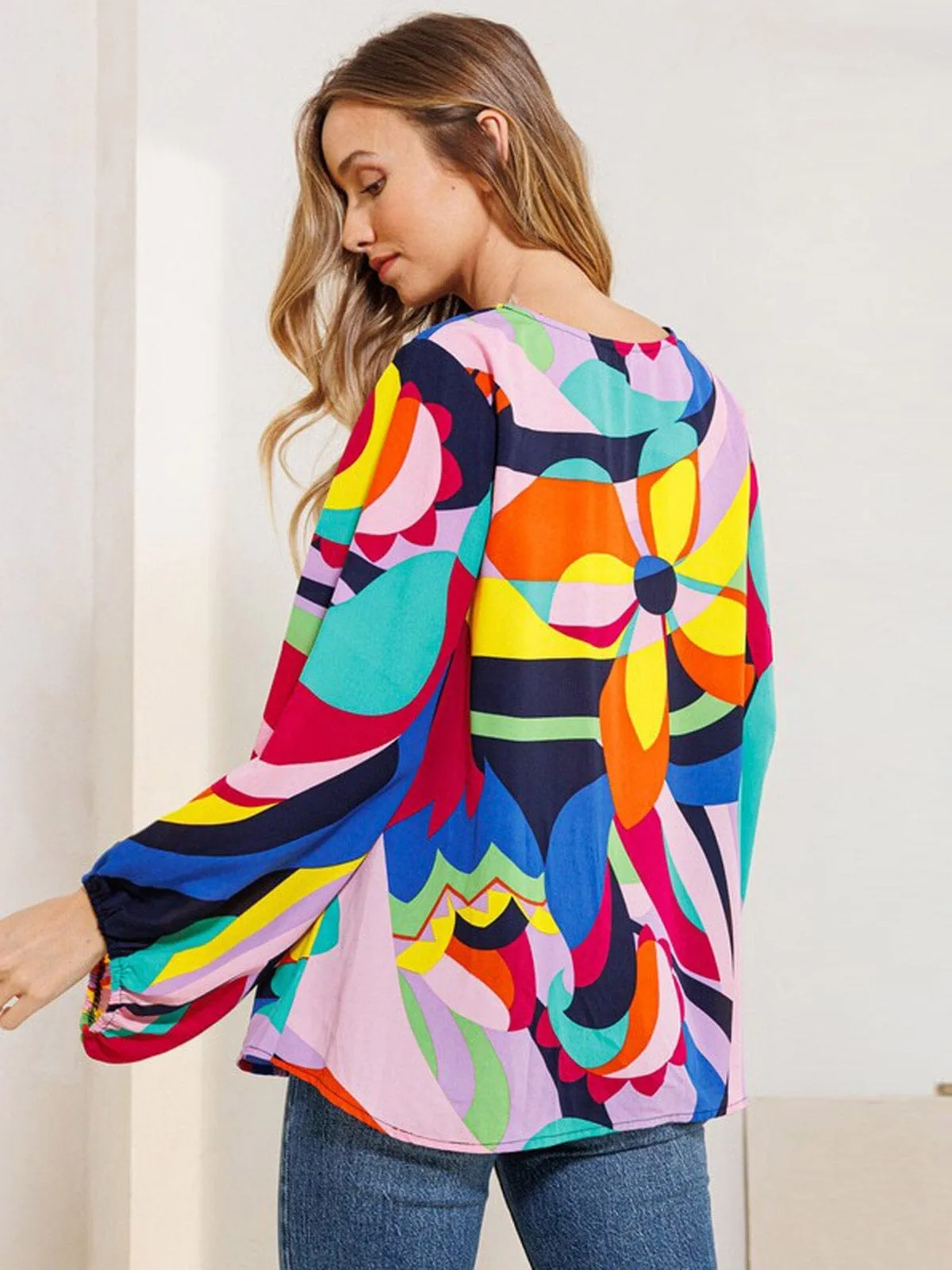 WOMEN'S LONG SLEEVE V-NECK MULTI COLOR TUNIC BLOUSE TOP
