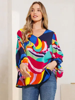 WOMEN'S LONG SLEEVE V-NECK MULTI COLOR TUNIC BLOUSE TOP