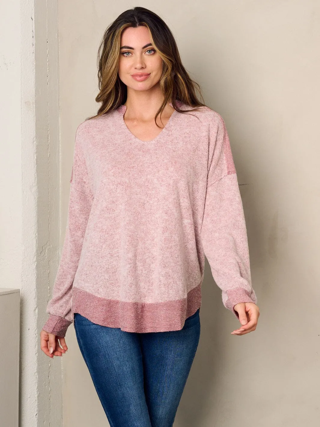WOMEN'S LONG SLEEVE V-NECK TWO TONE TOP