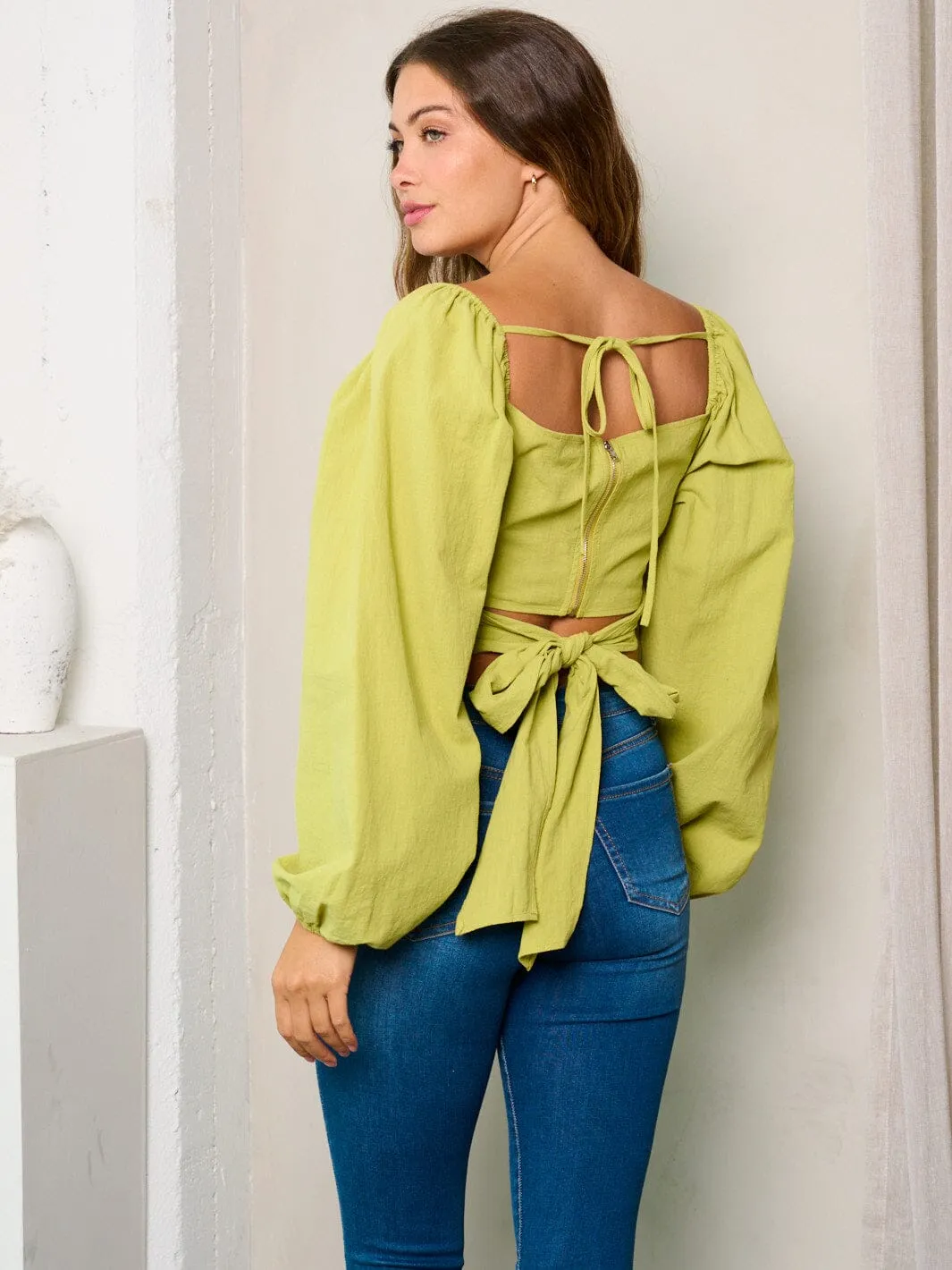 WOMEN'S LONG SLEEVES BACK TIE CROP TOP