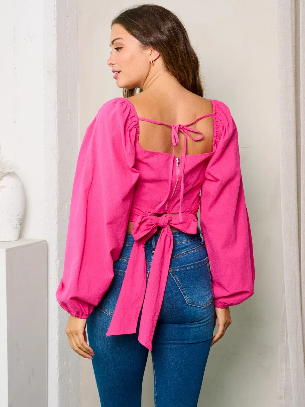 WOMEN'S LONG SLEEVES BACK TIE CROP TOP