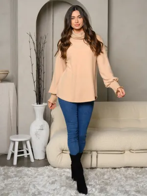 WOMEN'S LONG SMOCK TRIM SLEEVE TURTLE NECK TUNIC TOP
