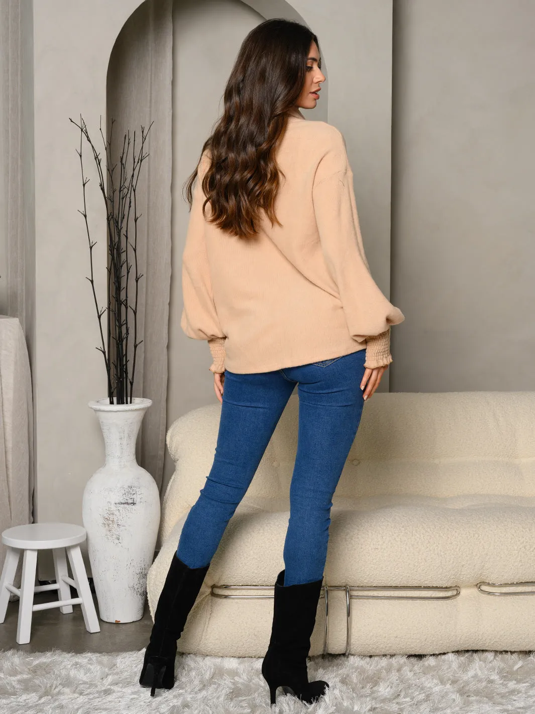 WOMEN'S LONG SMOCK TRIM SLEEVE TURTLE NECK TUNIC TOP