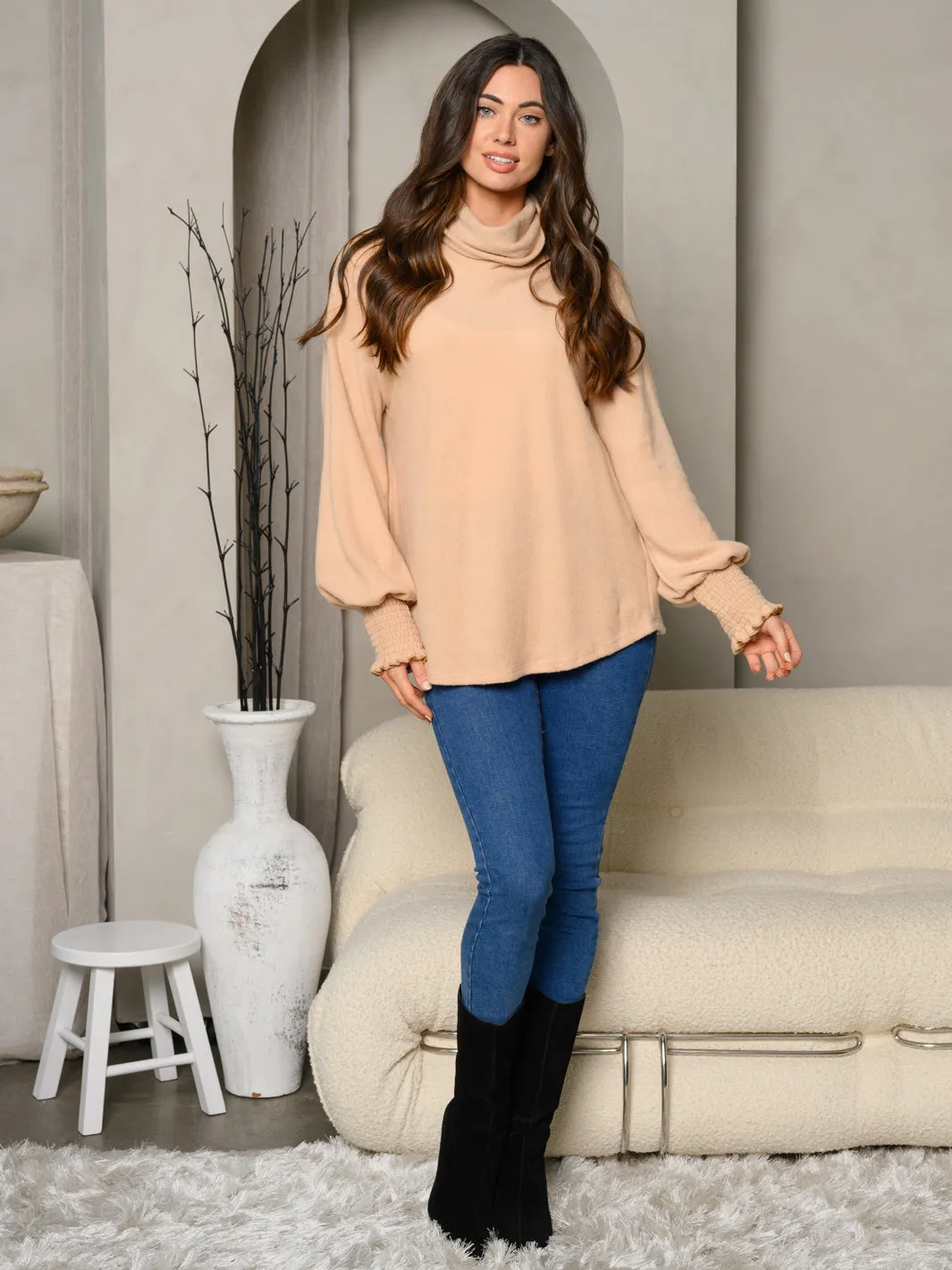 WOMEN'S LONG SMOCK TRIM SLEEVE TURTLE NECK TUNIC TOP