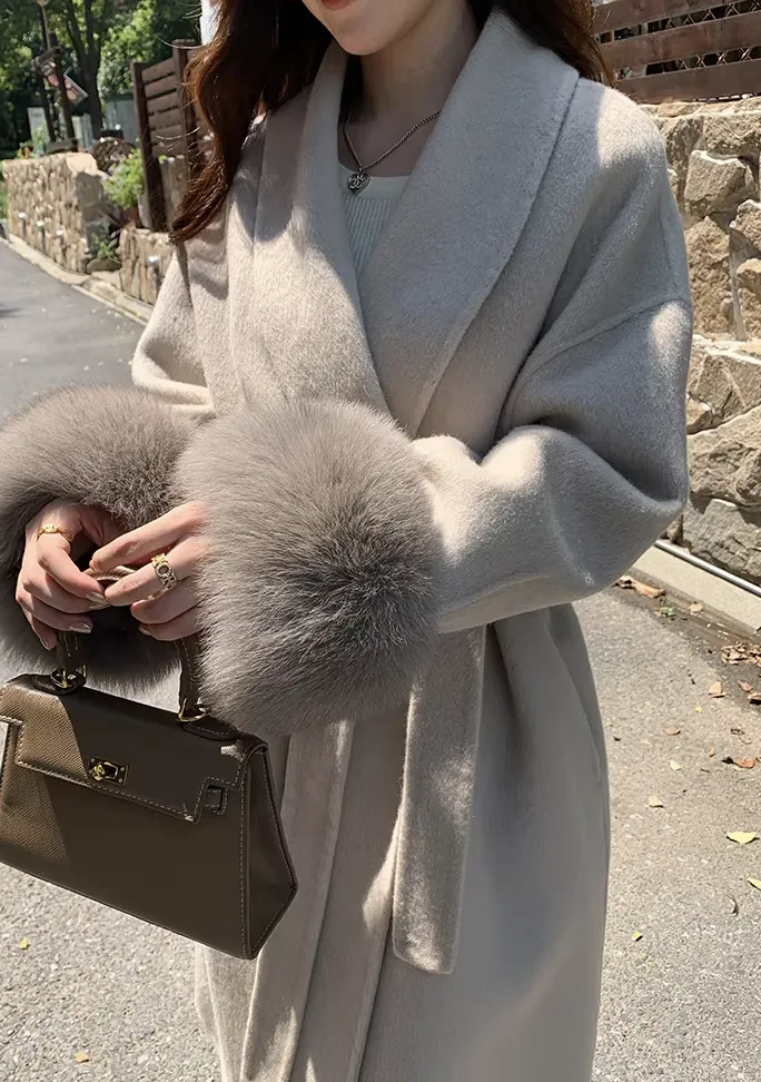 Women's Long Wool Coat | Elegant & Warm | Faux Fur Cuffs