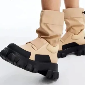 Women's Mixed Color Drawstring Outdoor Sports Boots Round Toe Chunky Heel