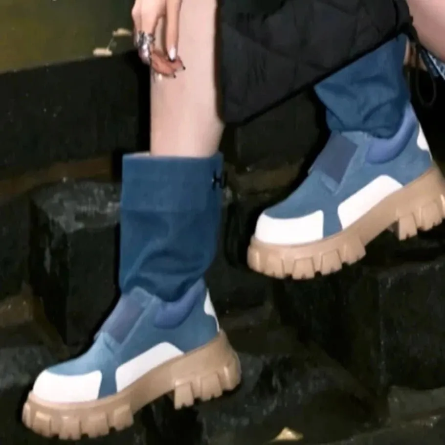 Women's Mixed Color Drawstring Outdoor Sports Boots Round Toe Chunky Heel
