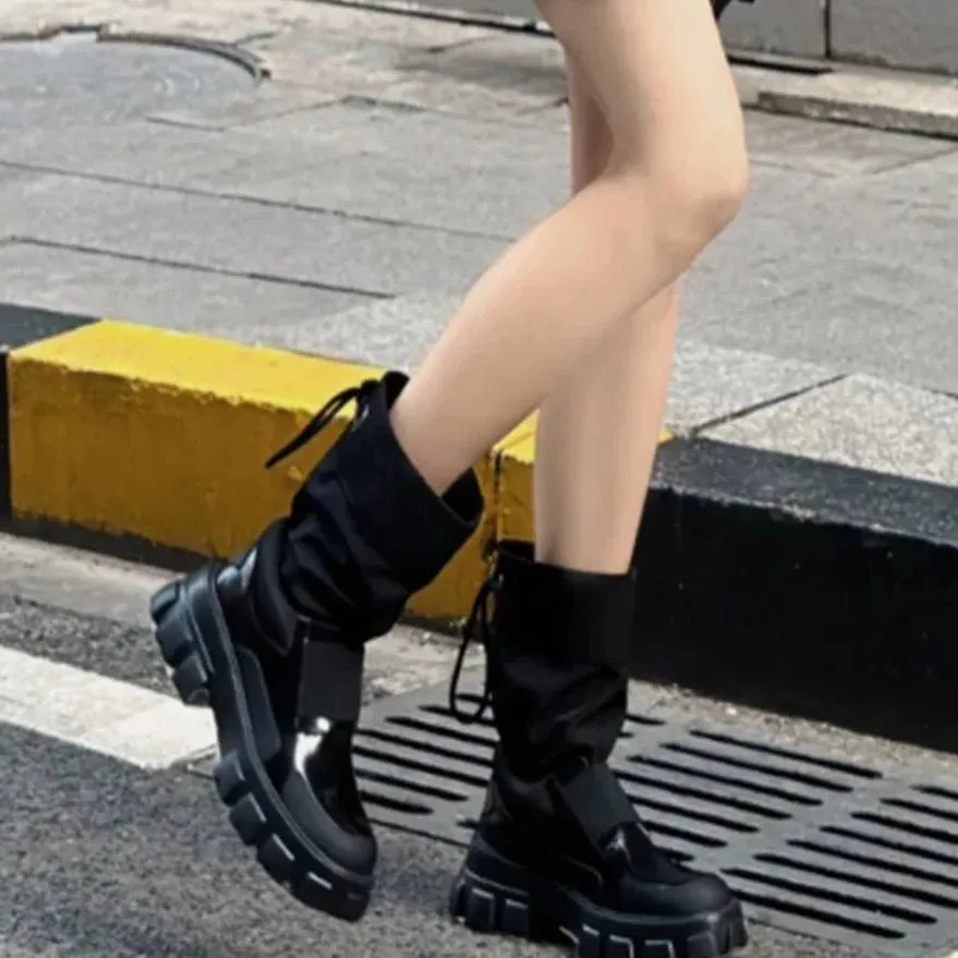 Women's Mixed Color Drawstring Outdoor Sports Boots Round Toe Chunky Heel