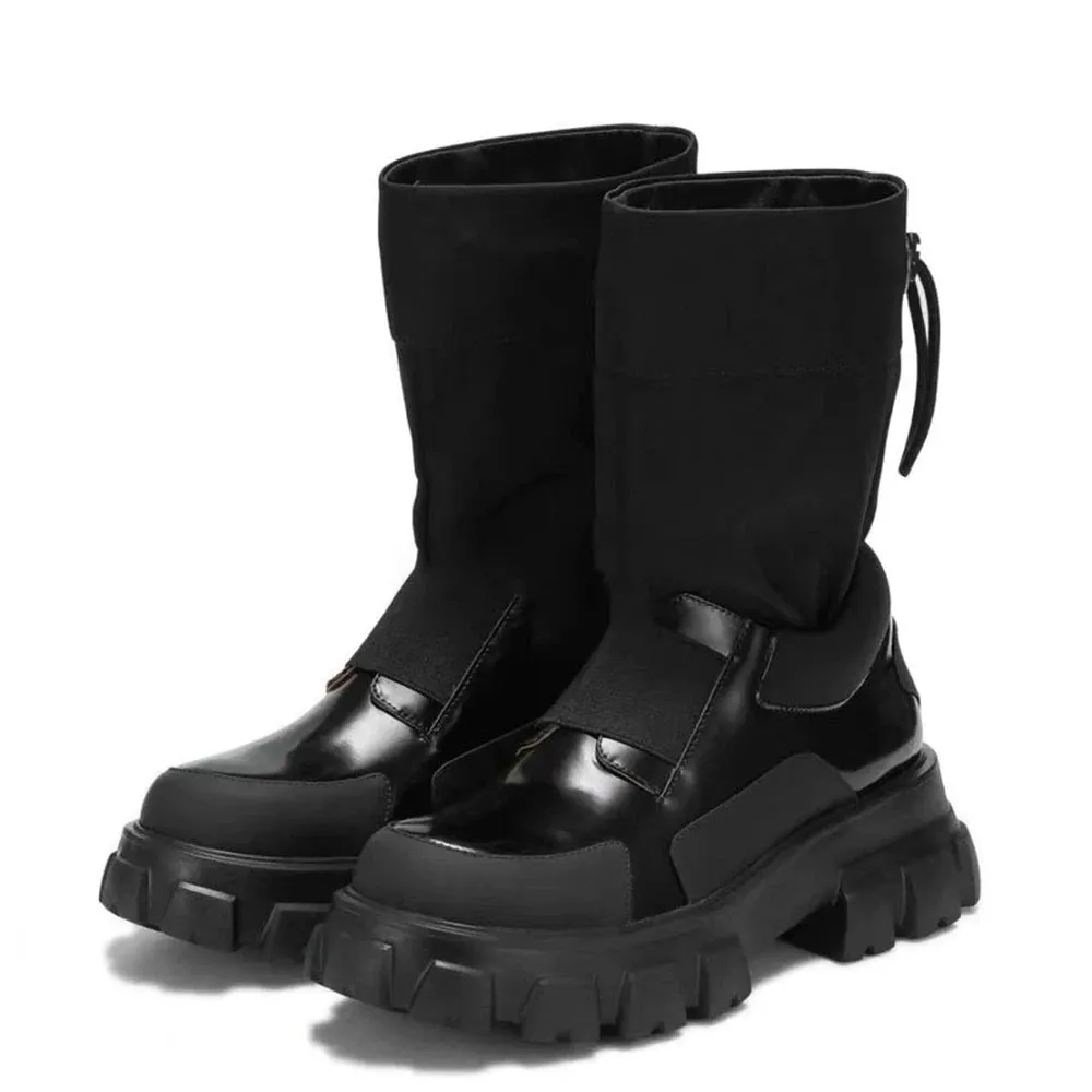 Women's Mixed Color Drawstring Outdoor Sports Boots Round Toe Chunky Heel