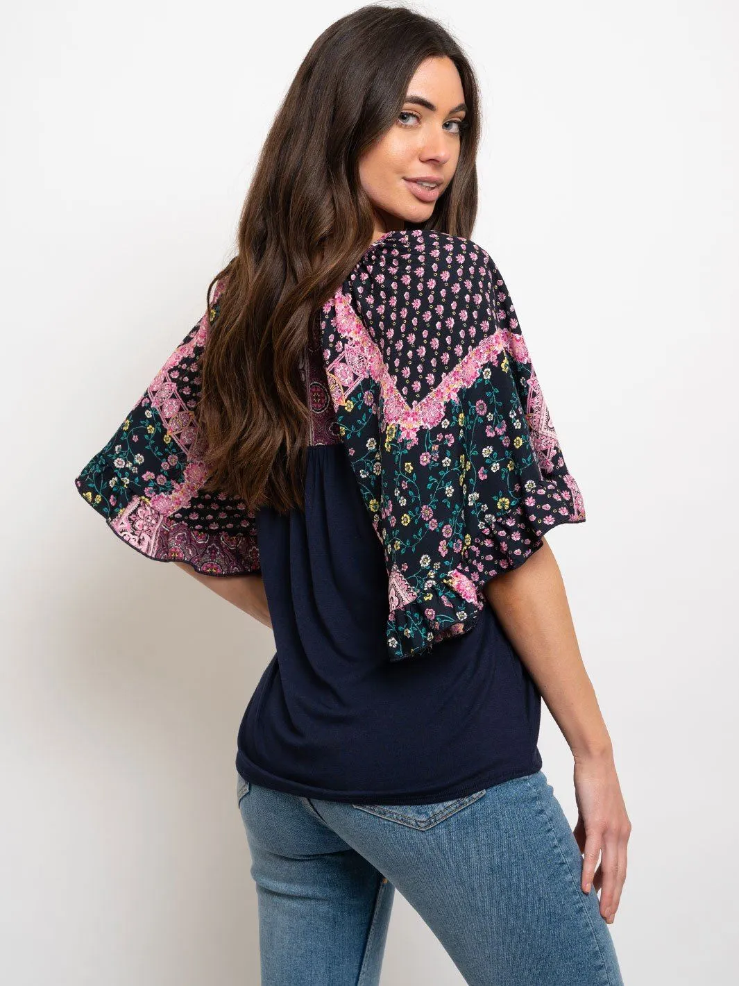 WOMEN'S MULTI PRINT BELL SLEEVES TOP