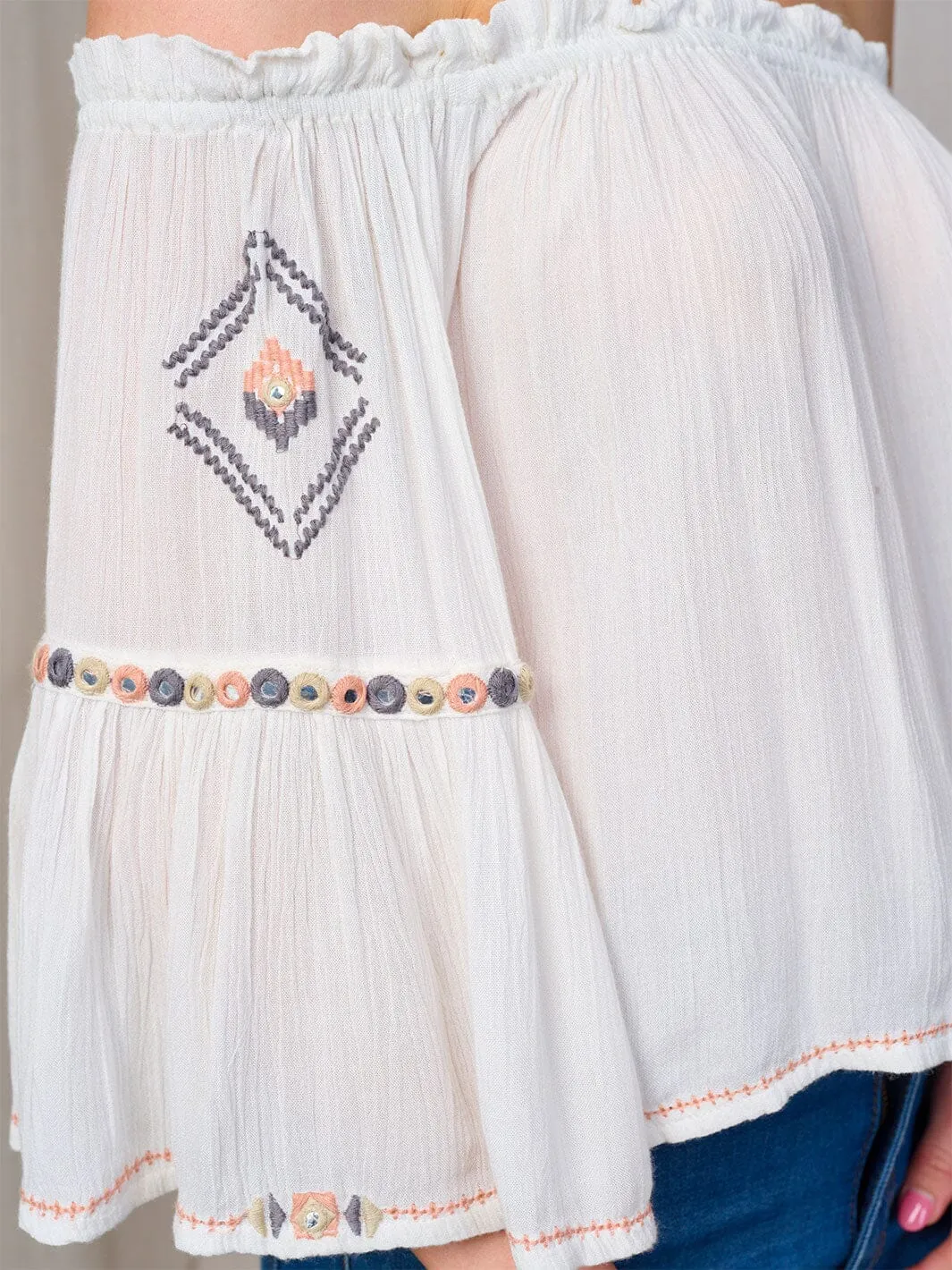 WOMEN'S OFF SHOULDER BELL SLEEVE EMBROIDERY TUNIC BLOUSE