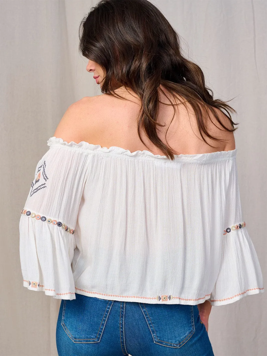 WOMEN'S OFF SHOULDER BELL SLEEVE EMBROIDERY TUNIC BLOUSE