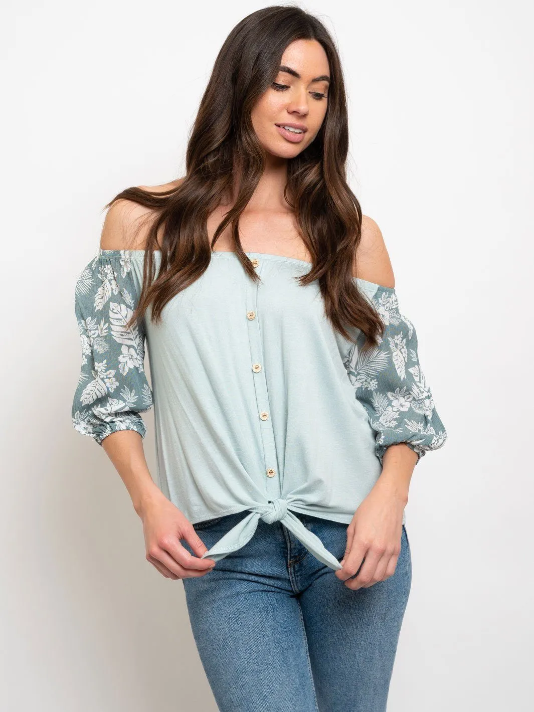 WOMEN'S OFF SHOULDER FRON TIE FLORAL SLEEVES TOP