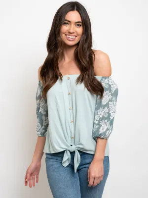 WOMEN'S OFF SHOULDER FRON TIE FLORAL SLEEVES TOP
