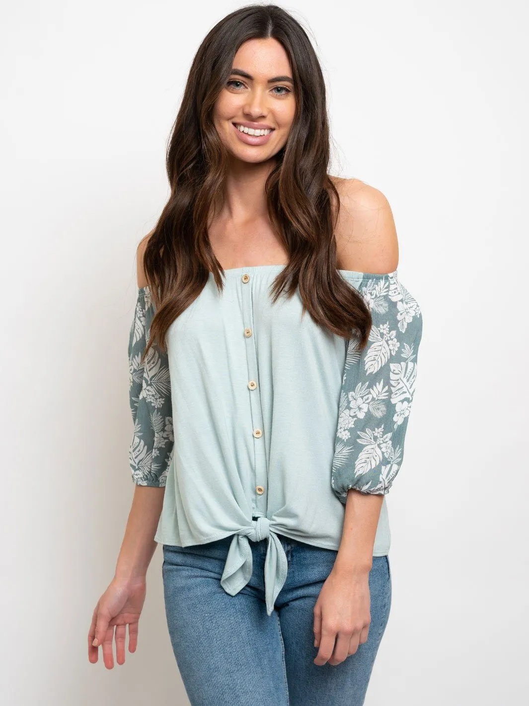WOMEN'S OFF SHOULDER FRON TIE FLORAL SLEEVES TOP