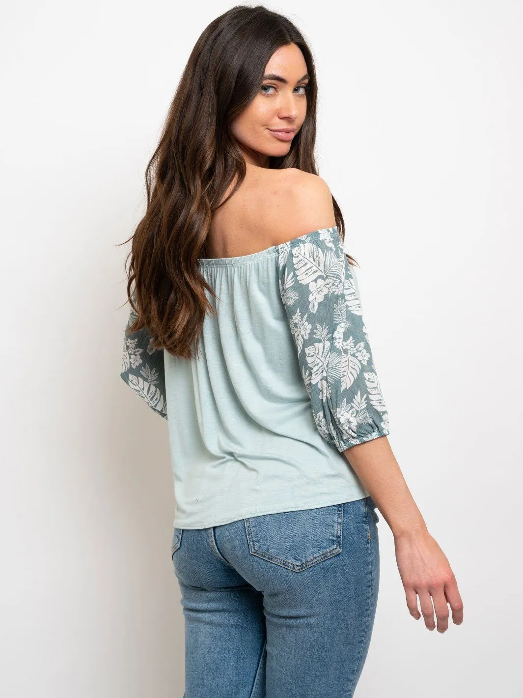 WOMEN'S OFF SHOULDER FRON TIE FLORAL SLEEVES TOP