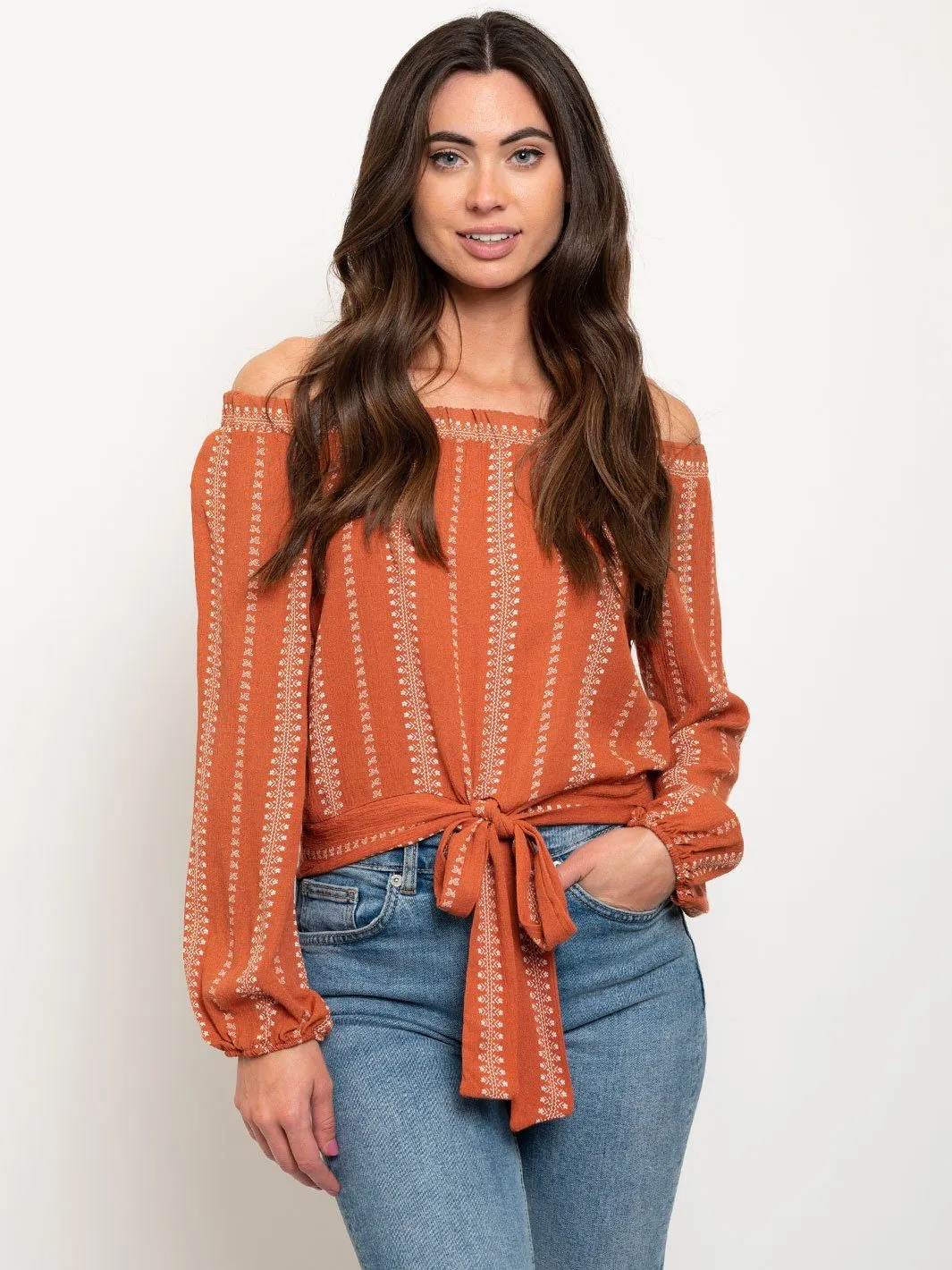 WOMEN'S OFF SHOULDER FRONT TIE LONG SLEEVE TOP
