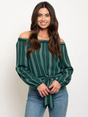 WOMEN'S OFF SHOULDER FRONT TIE LONG SLEEVE TOP