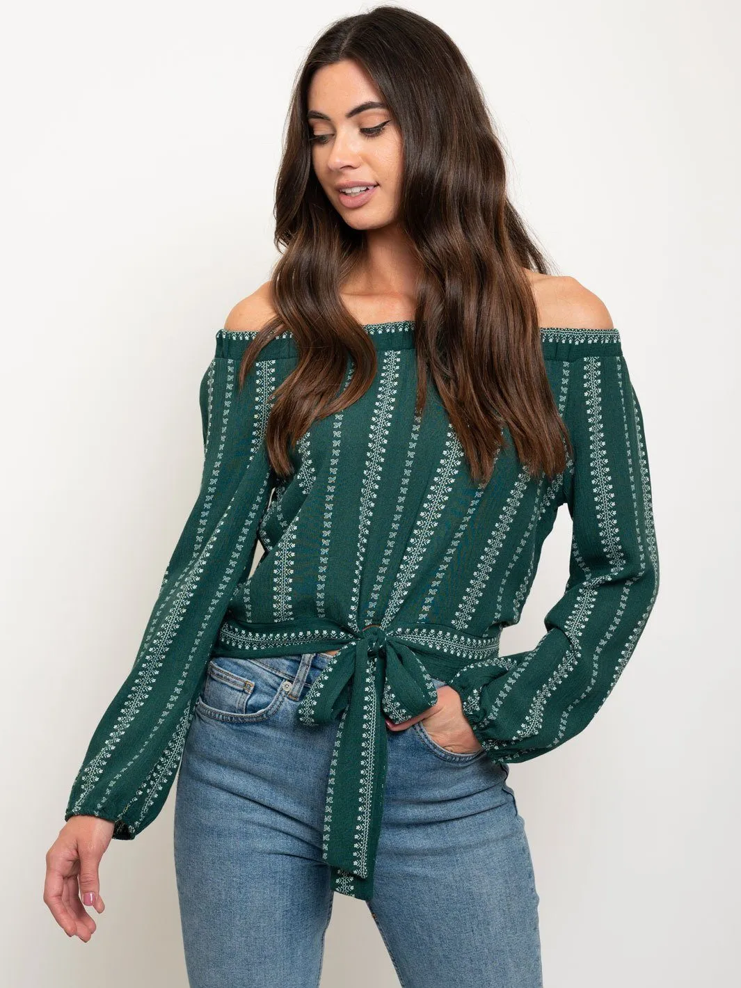WOMEN'S OFF SHOULDER FRONT TIE LONG SLEEVE TOP