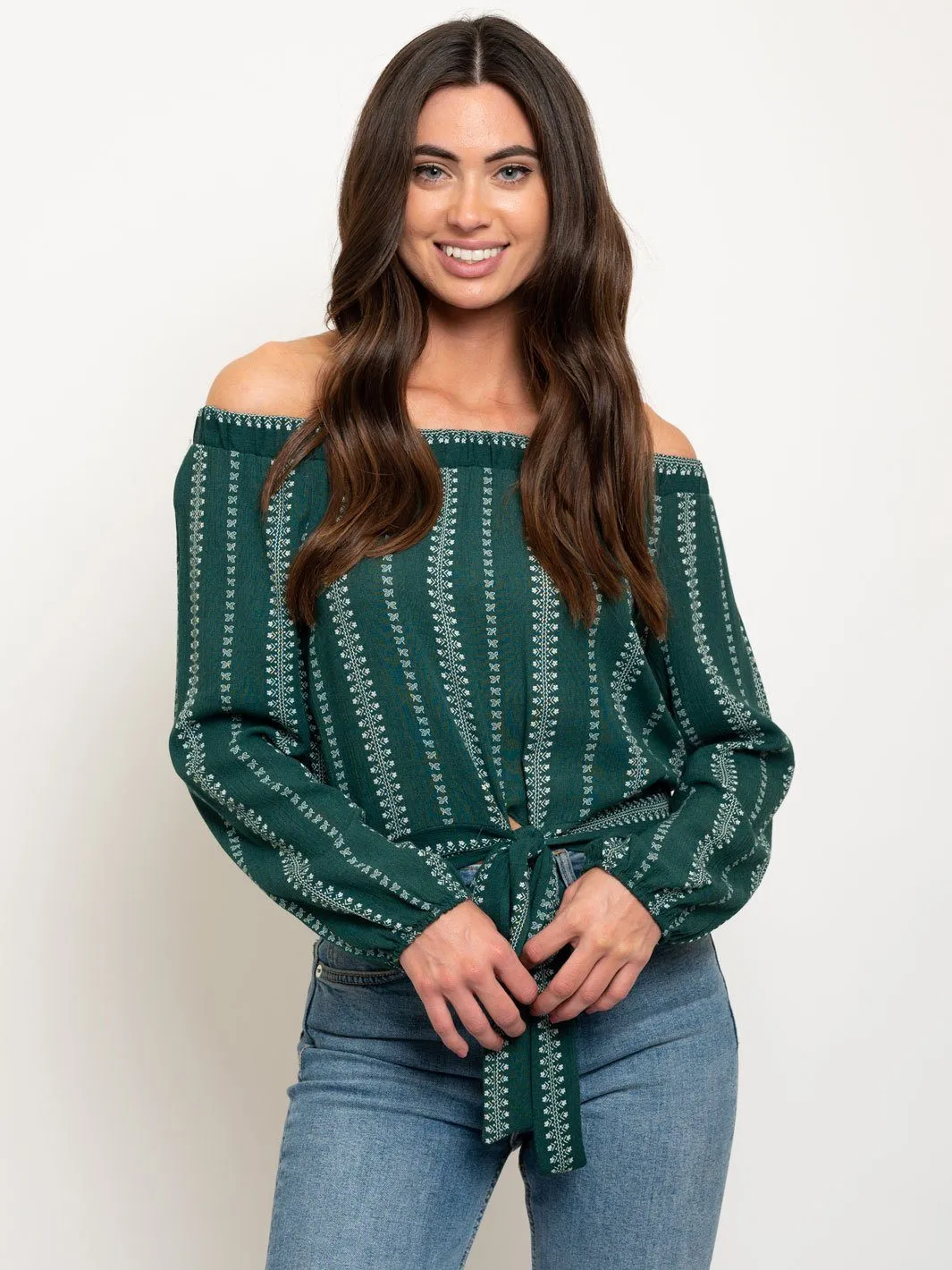 WOMEN'S OFF SHOULDER FRONT TIE LONG SLEEVE TOP