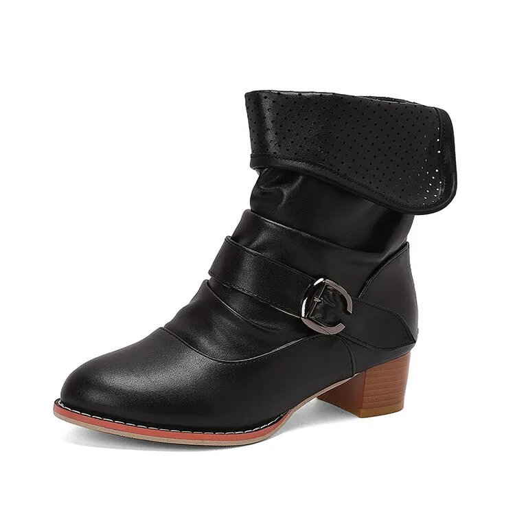 Women's Patchwork Buckle Strap Block Heel Ankle Boots