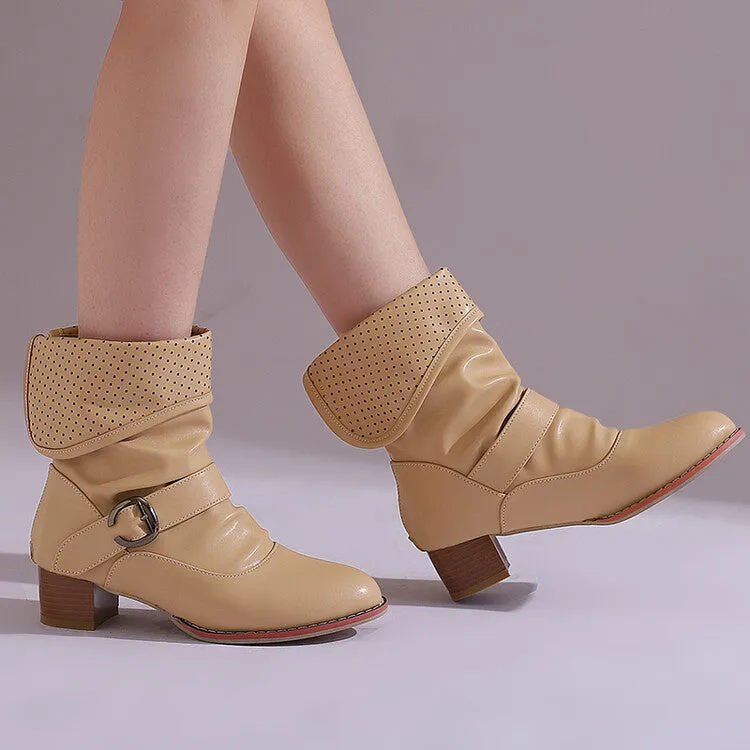 Women's Patchwork Buckle Strap Block Heel Ankle Boots