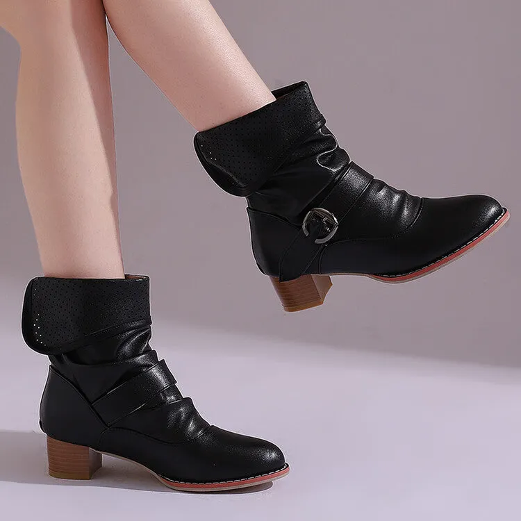 Women's Patchwork Buckle Strap Block Heel Ankle Boots