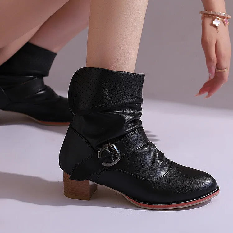 Women's Patchwork Buckle Strap Block Heel Ankle Boots