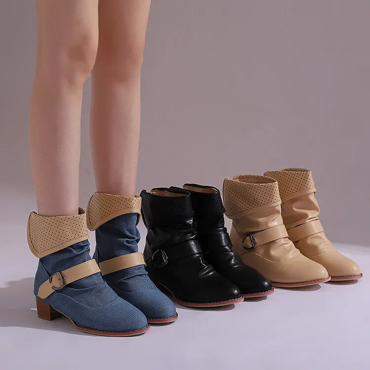 Women's Patchwork Buckle Strap Block Heel Ankle Boots