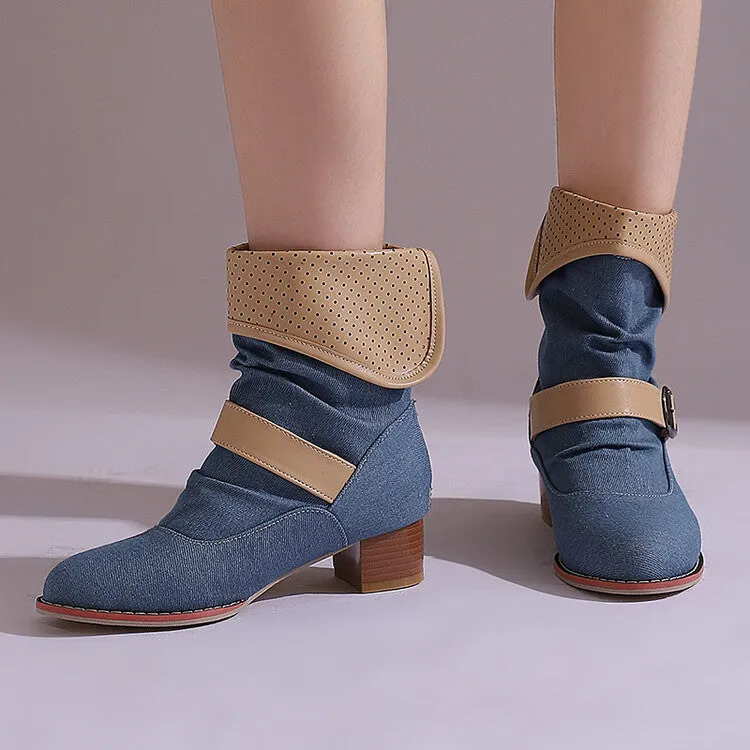 Women's Patchwork Buckle Strap Block Heel Ankle Boots