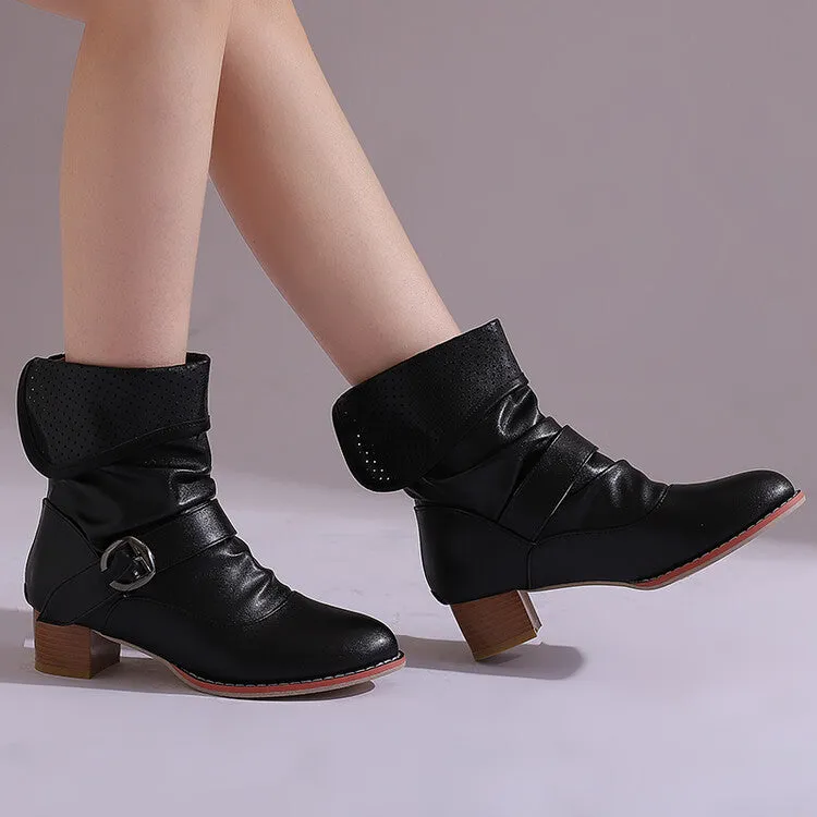 Women's Patchwork Buckle Strap Block Heel Ankle Boots