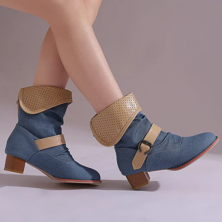 Women's Patchwork Buckle Strap Block Heel Ankle Boots