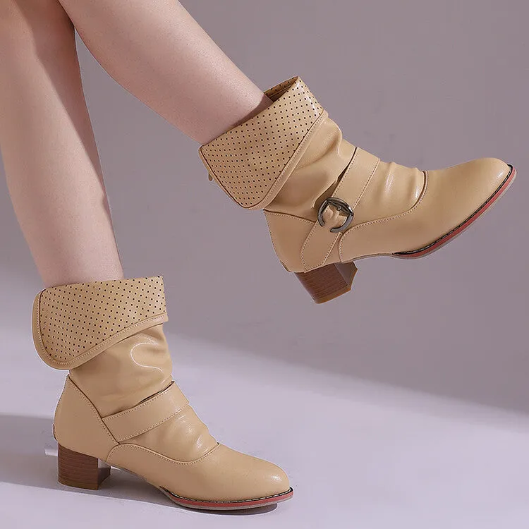 Women's Patchwork Buckle Strap Block Heel Ankle Boots